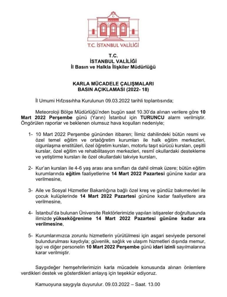 İstanbul’da okullar tatil mi Yarın okullar tatil mi 14 Mart’a kadar okullar tatil mi İstanbul Valiliği duyurdu
