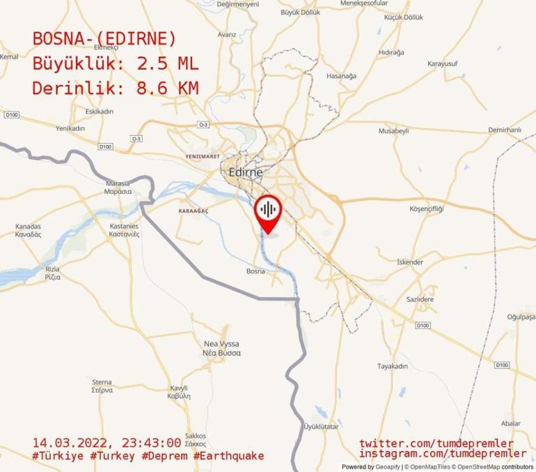 Edirne’de 2.5 büyüklüğünde deprem yaşandı