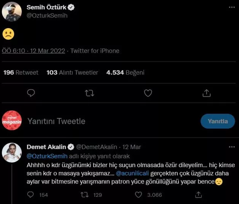 Semih Öztürke Demet Akalın desteği Acun Ilıcalıdan özür diledi