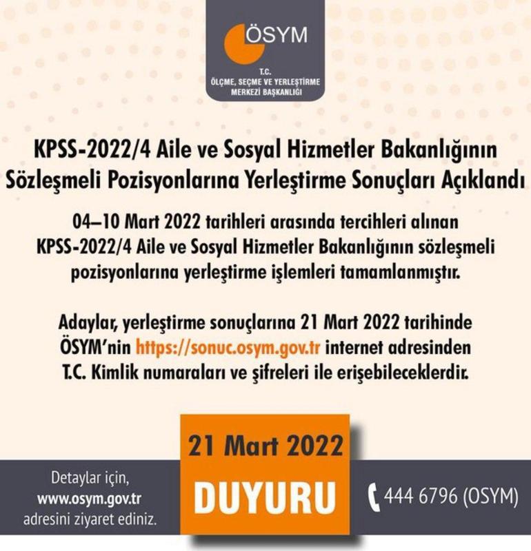 KPSS 2022/4 yerleştirme sonuçları sorgulama ekranı Aile ve Sosyal Hizmetler Bakanlığı sözleşmeli personel alımı tercih sonuçları 2022 nasıl öğrenilir