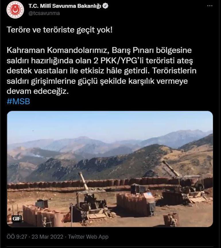 Barış Pınarında 2 PKKlı terörist öldürüldü MSB duyurdu