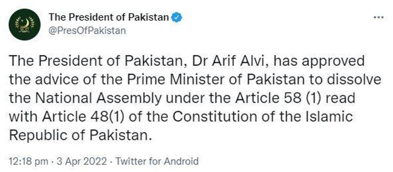 Pakistan Cumhurbaşkanı Alvi, Ulusal Meclisi feshetti