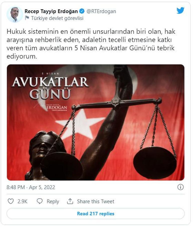 Cumhurbaşkanı Erdoğandan Avukatlar Günü mesajı