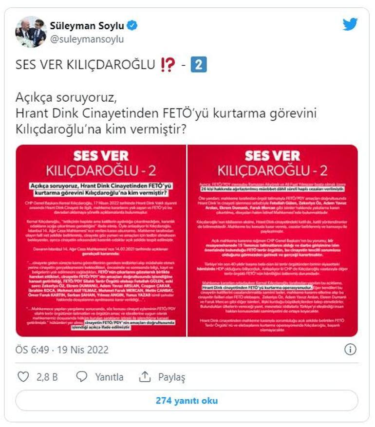 Bakan Soyludan Kemal Kılıçdaroğluna Hrant Dink suikastı yanıtı