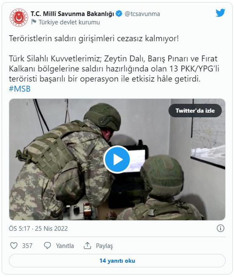 MSB duyurdu, terör örgütü PKKya darbe Üç bölgede 13 terörist etkisiz hale getirildi