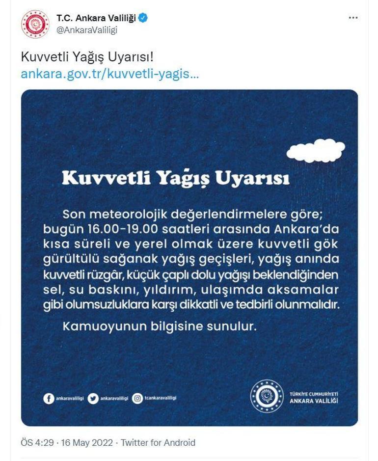Ankara için valilikten yağış uyarısı Saat verildi
