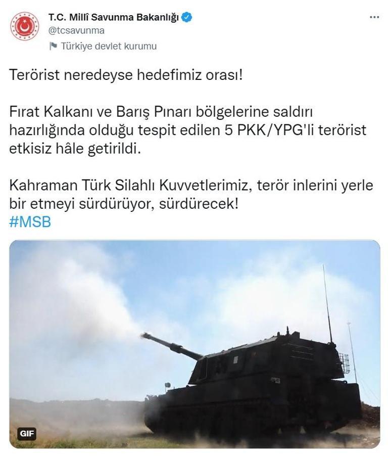 Fırat Kalkanı ve Barış Pınarında 5 PKK/YPGli terörist etkisiz hale getirildi