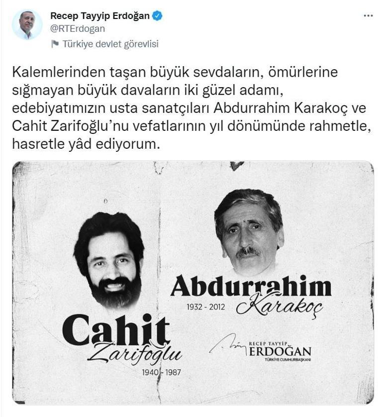 Cumhurbaşkanı Erdoğan, Abdurrahim Karakoç ve Cahit Zarifoğlunu andı