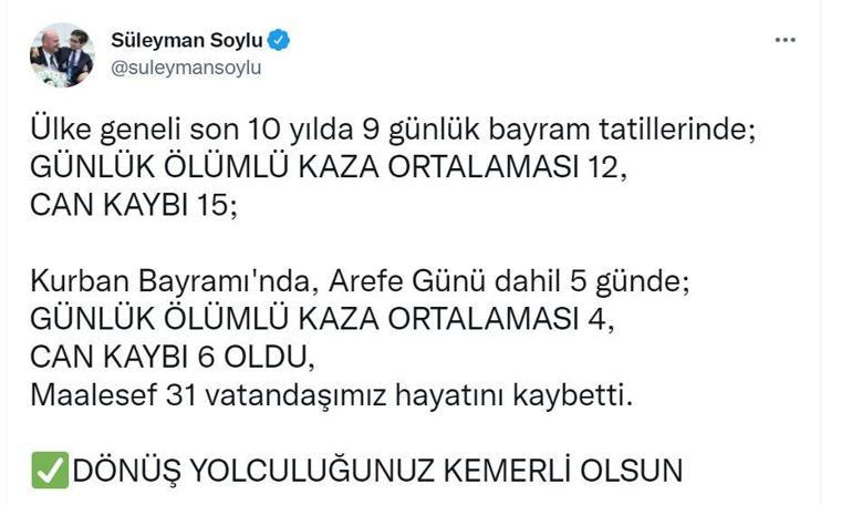 Bakan Soylu açıkladı: Trafik kazalarında 31 kişi öldü