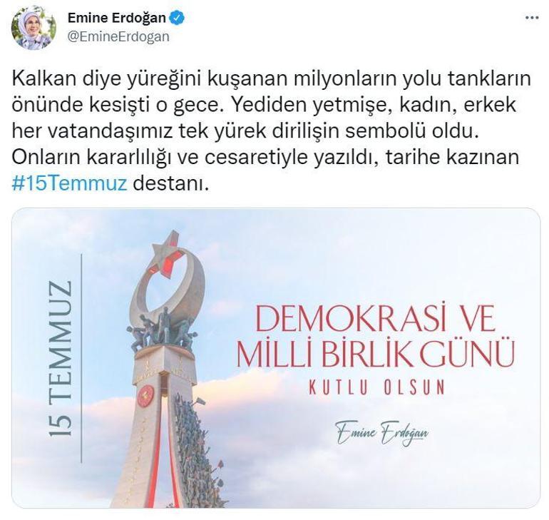 Emine Erdoğandan 15 Temmuz paylaşımı: Tarihe kazınan destan