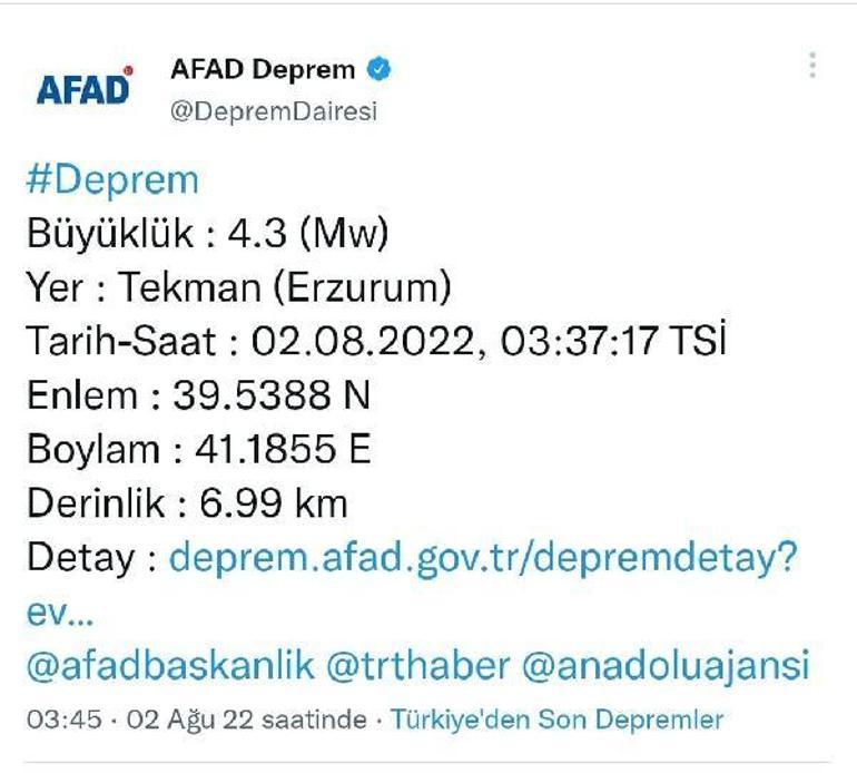 Erzurumda 4.3 büyüklüğünde deprem