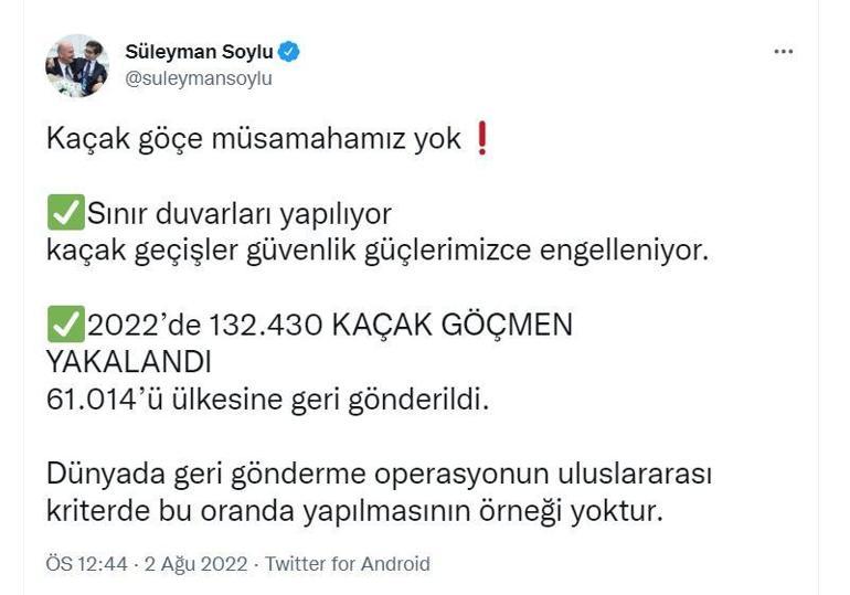 Bakan Soylu: 2022de 132 bin 430 kaçak göçmen yakalandı