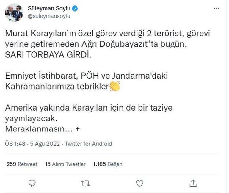 Bakan Soylu duyurdu PKK elebaşı Karayılanın özel görev verdiği 2 terörist öldürüldü