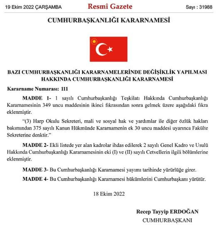 Cumhurbaşkanlığı Kararnamesi ile 1509 yeni kadro Bakanlık ve kurumlara alınacak İşte Yeni kadroların unvan ve dağılımları