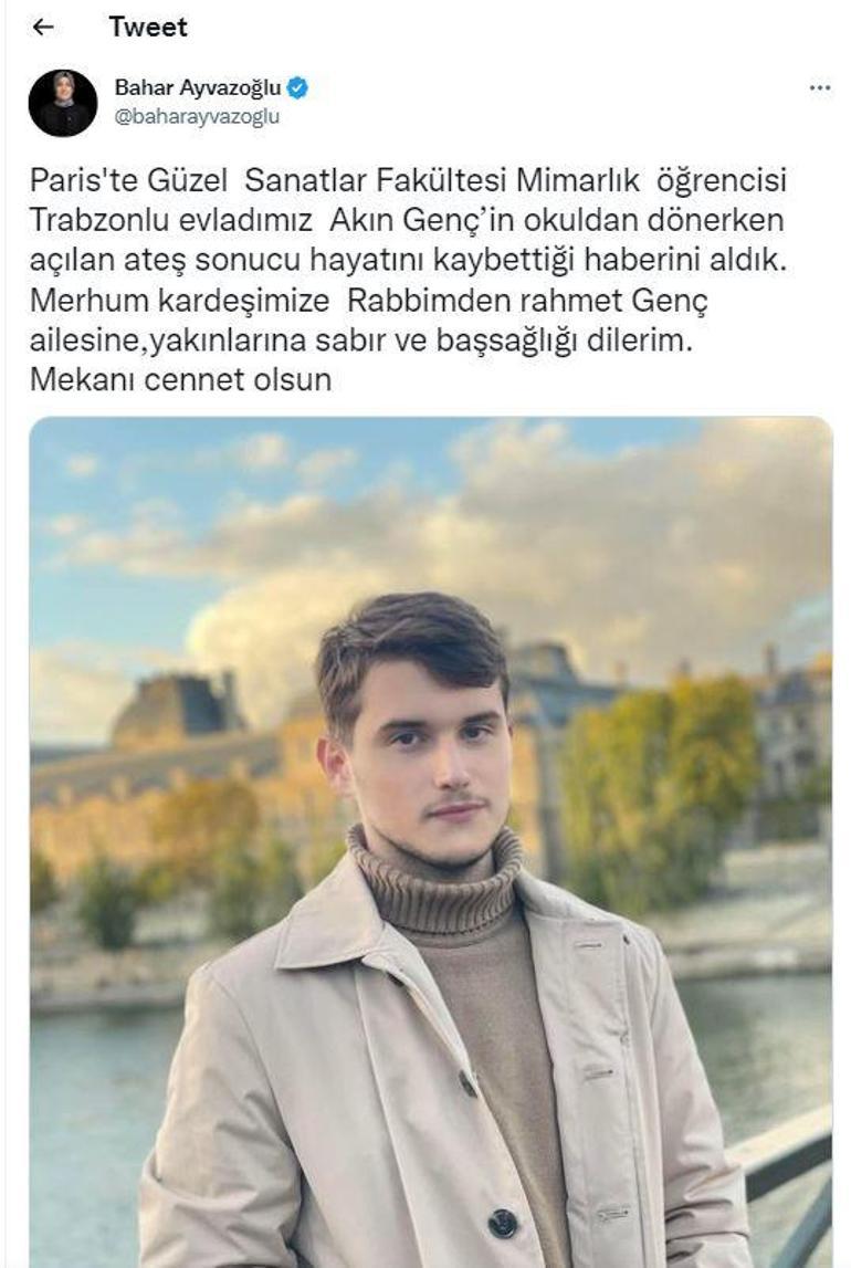 Trabzonlu üniversite öğrencisi Akın, Pariste başından vurularak öldürüldü