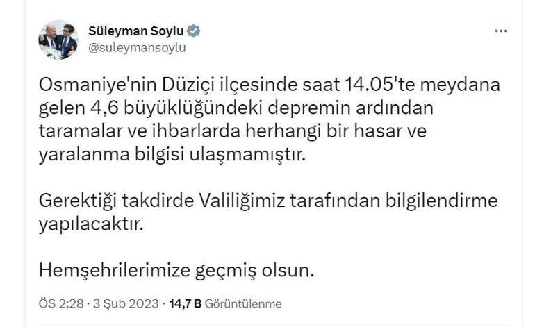 Osmaniyede 4.6 büyüklüğünde deprem