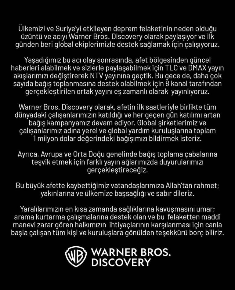 Warner Bros’tan depremzedelere 1 milyon dolarlık yardım