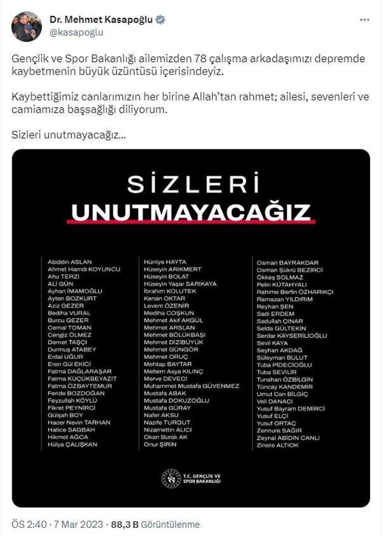 Bakan Kasapoğlundan, depremde ölen 78 bakanlık personeli için taziye mesajı