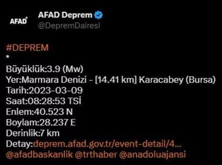 Marmara Denizinde 3,9 büyüklüğünde deprem