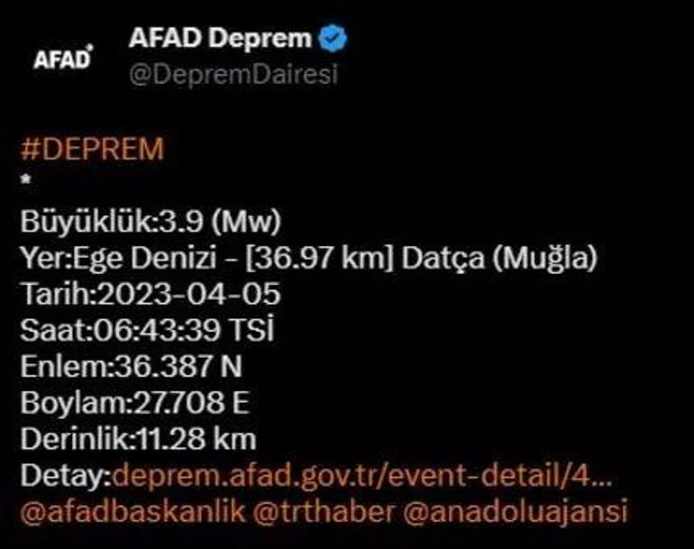 Datça açıklarında 3.9 büyüklüğünde deprem