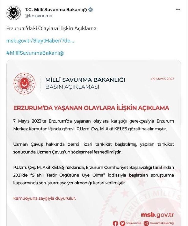 Milli Savunma Bakanlığından Erzurum açıklaması