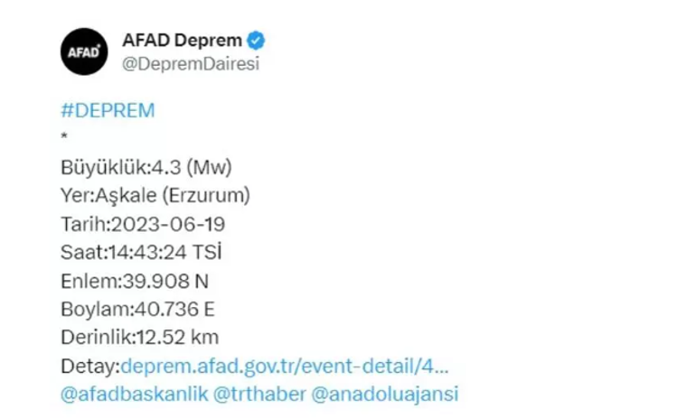 Erzurumda 4.3 büyüklüğünde deprem