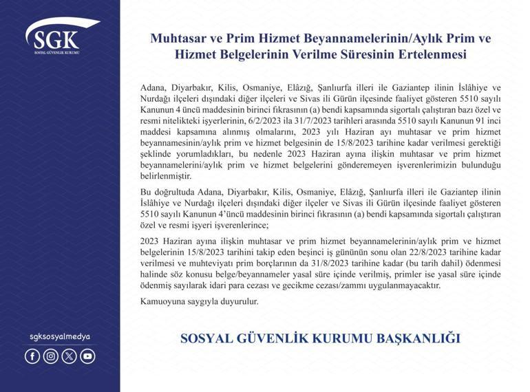 Çalışma ve Sosyal Güvenlik Bakanı Işıkhan: 8 ilimizde prim ve hizmet belgelerinin teslim süresini uzatıyoruz