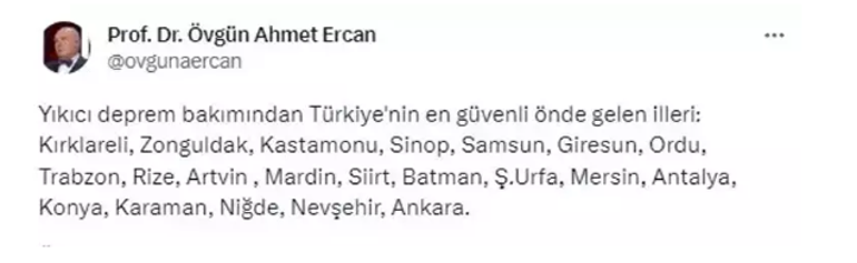 İşte depreme karşı en güvenli 21 il Prof. Dr. Övgün Ahmet Ercan açıkladı