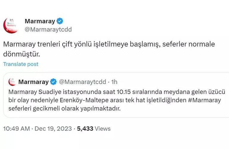 Marmaray seferleri durduruldu mu 19 Aralık Maltepe-Suadiye Marmaray çalışıyor mu, Marmaray Seferleri iptal mi