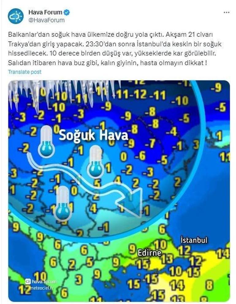 Bu gece Trakyadan giriş yapacak: Edirne, Kırklareli, Tekirdağ buz kesecek. Salı sabahı İstanbulu 10 derece birden vuracak