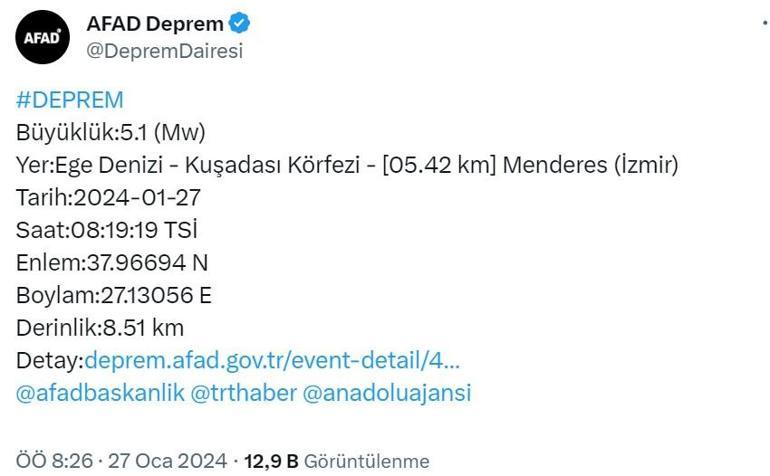 Egede deprem İzmir, Aydın, Kuşadası, Manisada hissedildi 27 Ocak Ege depremi büyüklüğü kaç oldu