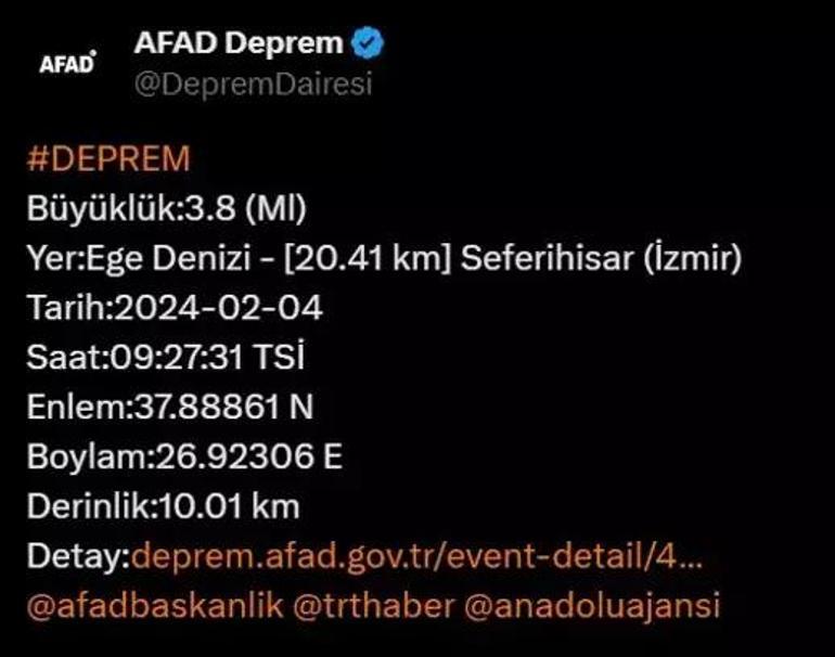 İzmirde korkutan deprem AFAD ilk verileri paylaştı