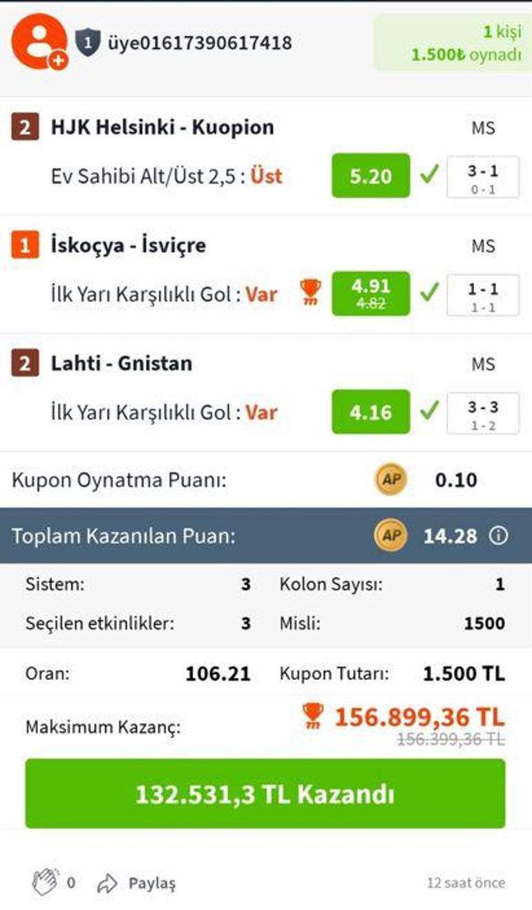 Mucize kupon Son 10 dakikada gelen 3 golle, 132 bin 531 TL kazandı