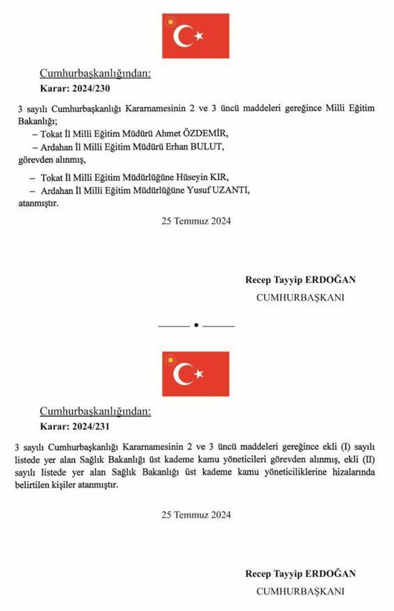 Cumhurbaşkanı Erdoğan imzaladı Atama ve görevden alma kararları Resmi Gazetede