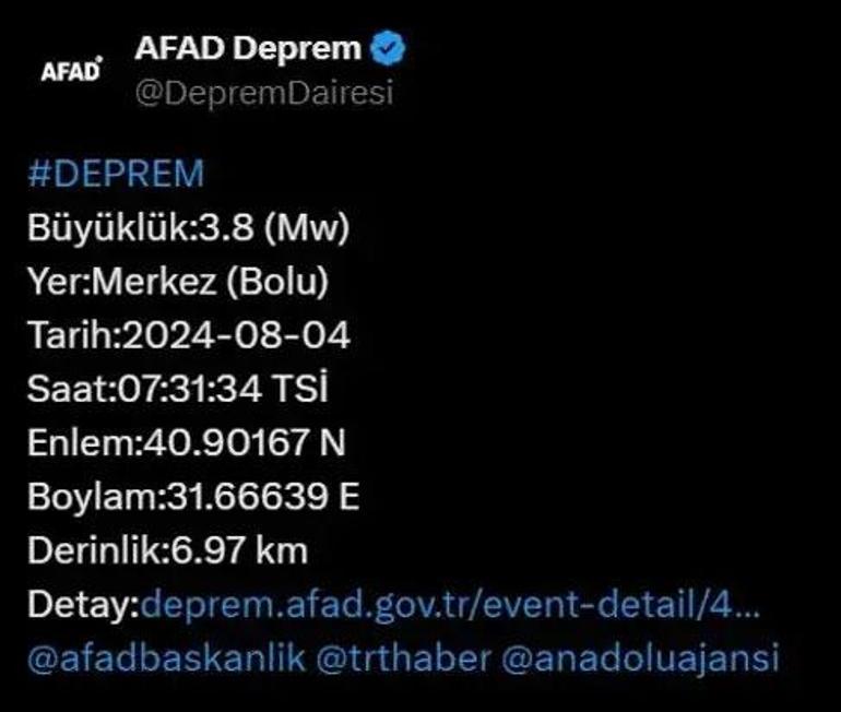 Boluda 3 dakika ara ile iki deprem AFAD ve Kandilliden açıklama geldi