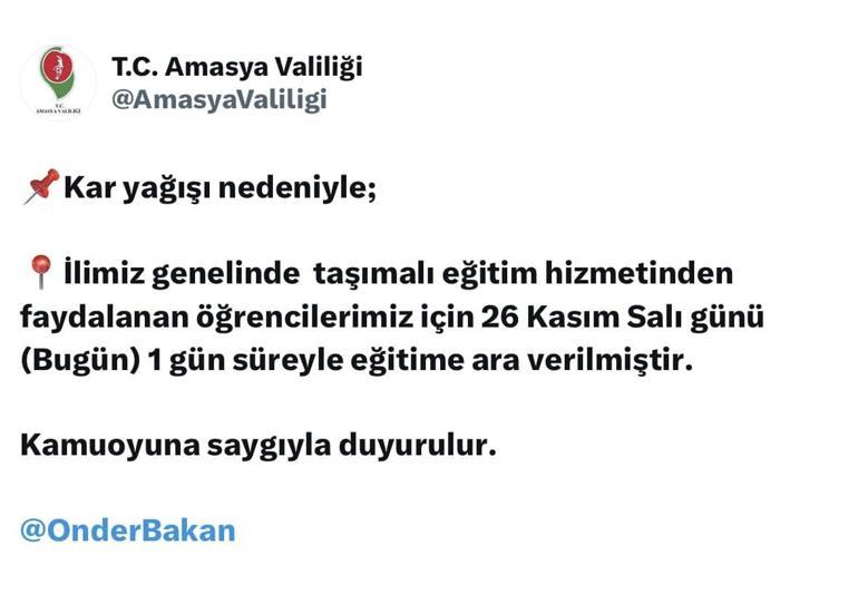 Amasyada taşımalı eğitime 1 gün ara verildi