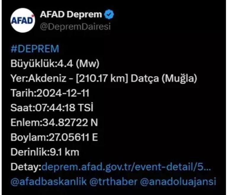 Muğlada 4.4 büyüklüğünde deprem