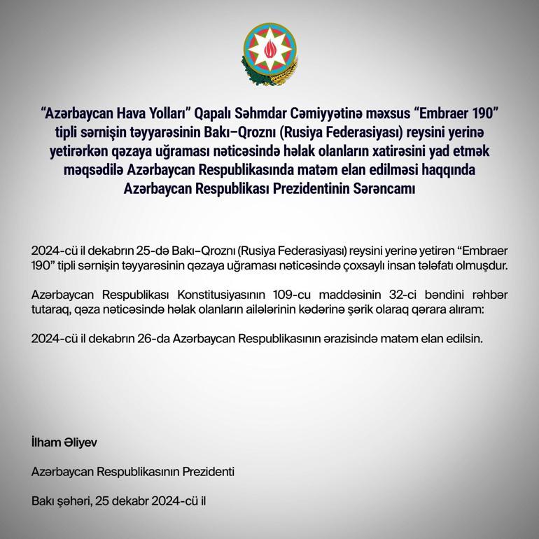 Azerbaycanda bir günlük milli yas ilan edildi