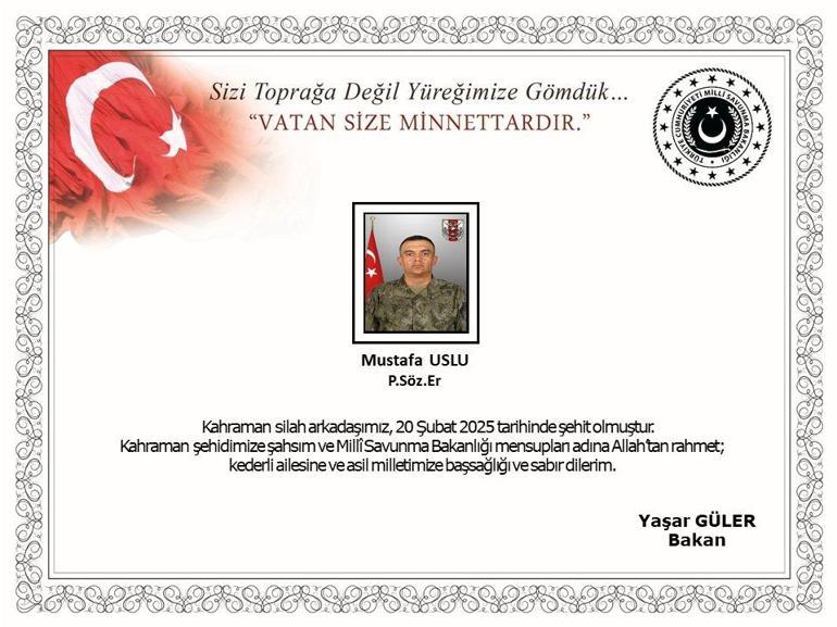 MSB: Irakın kuzeyinde çıkan çatışmada 1 asker şehit oldu