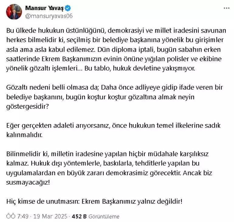 Mansur Yavaştan Ekrem İmamoğlunun gözaltına alınması sonrası ilk açıklama