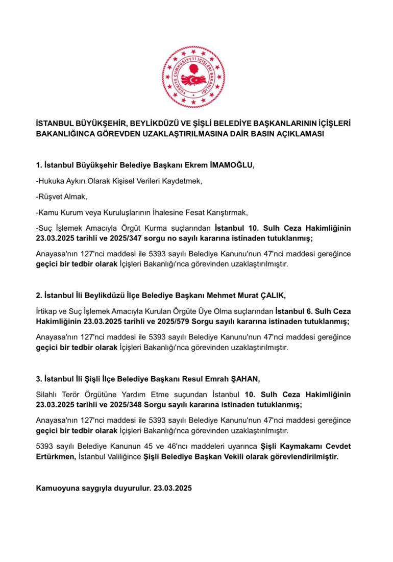İçişleri Bakanlığı duyurdu Ekrem İmamoğlu ve iki ilçe belediye başkanı görevinden uzaklaştırıldı