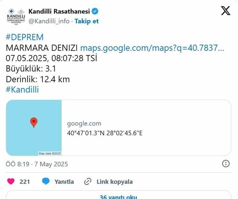 Son dakika... Marmara Denizinde 3.1 büyüklüğünde deprem