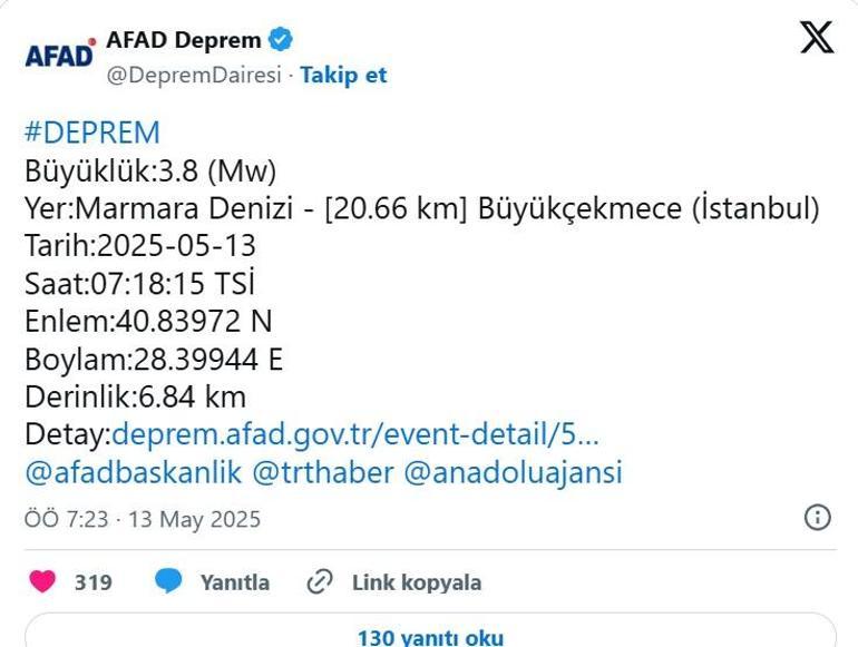 İstanbul açıklarında deprem