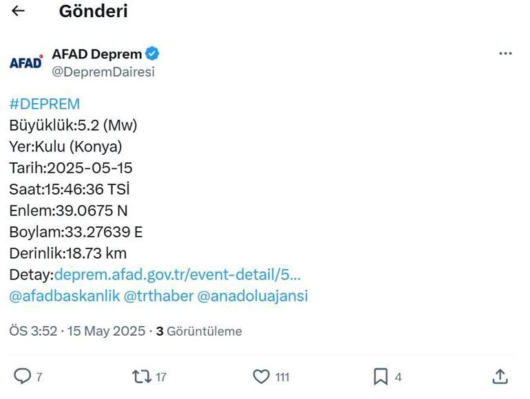 Konyada deprem mi oldu 15 Mayıs Konyada deprem kaç büyüklüğünde