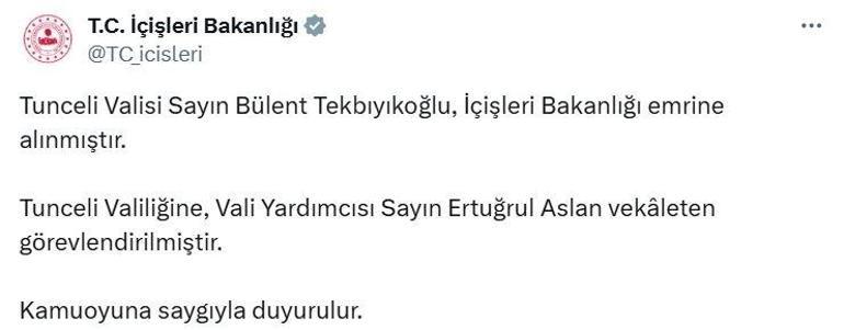 İçişleri Bakanlığı, Tunceli Valisi Bülent Tekbıyıkoğlunun merkeze alındığını duyurdu