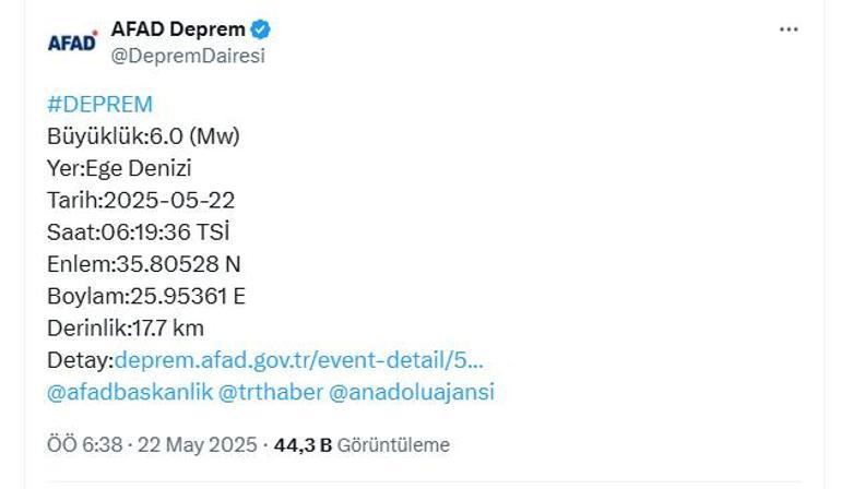 Ege Denizinde 6 büyüklüğünde deprem Birçok ilde hissedildi
