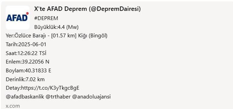 Bingölde korkutan deprem AFAD duyurdu