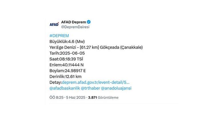 Çanakkalede 4.6 büyüklüğünde deprem AFAD duyurdu