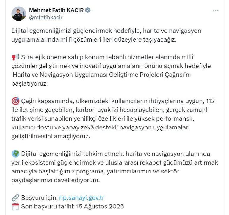 Bakan Kacır duyurdu Harita ve Navigasyon Uygulaması Geliştirme Projeleri Çağrısı