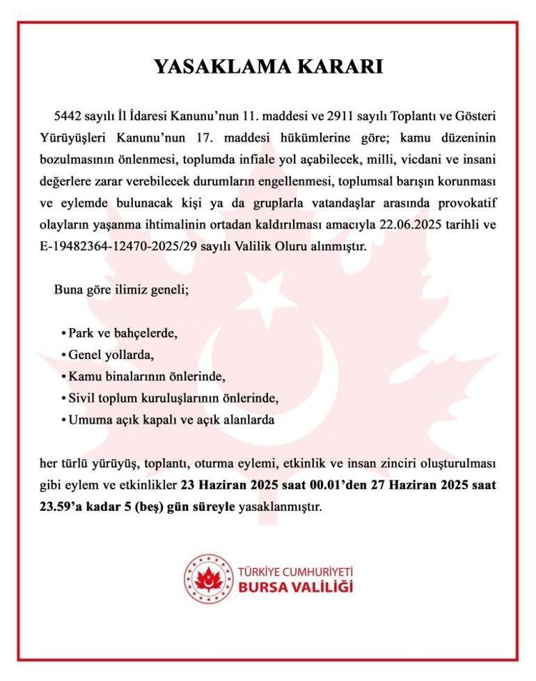Bursa Valiliğinden eylem yasağı Tarih verildi